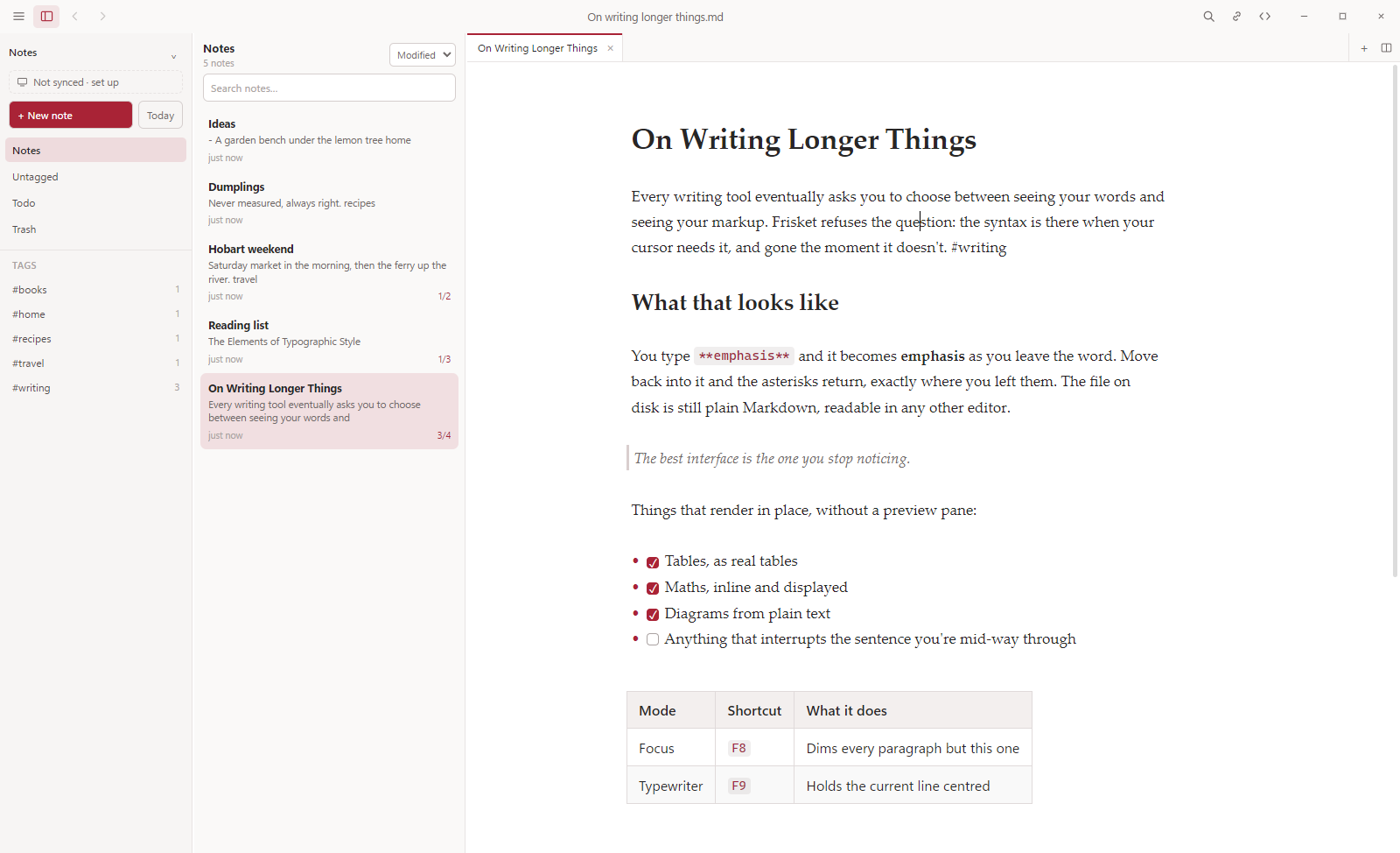 Frisket with a notes library open: folders and tags on the left, a list of notes, and a note showing headings, a quotation, a to-do list and a table as finished text.